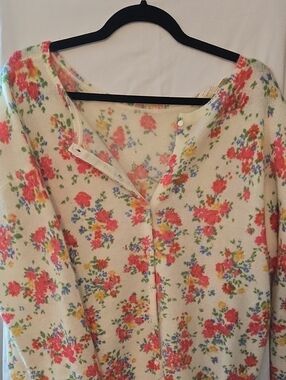 Sezane Cream Floral Button Cardigan with Pink, Yellow & Blue Flowers